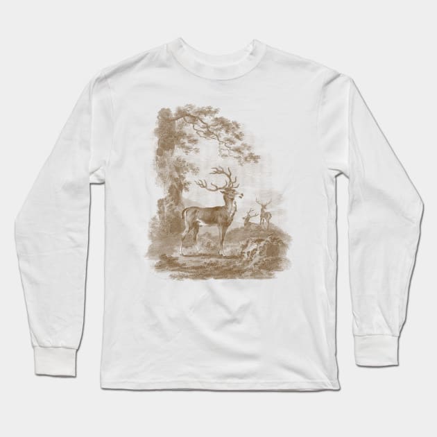 Deer In the Forest Vintage Illustration - Sepia Long Sleeve T-Shirt by Biophilia